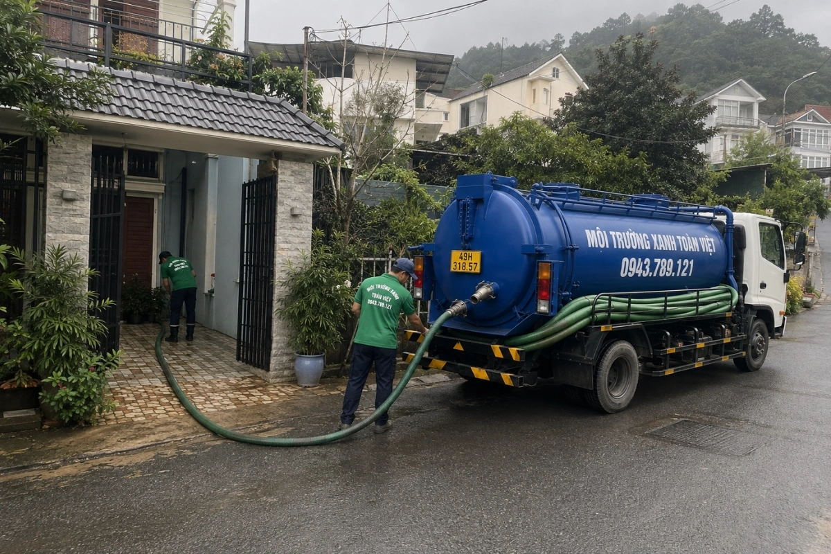 Xe hút hầm cầu đậu trước nhà dân tại Lâm Đồng