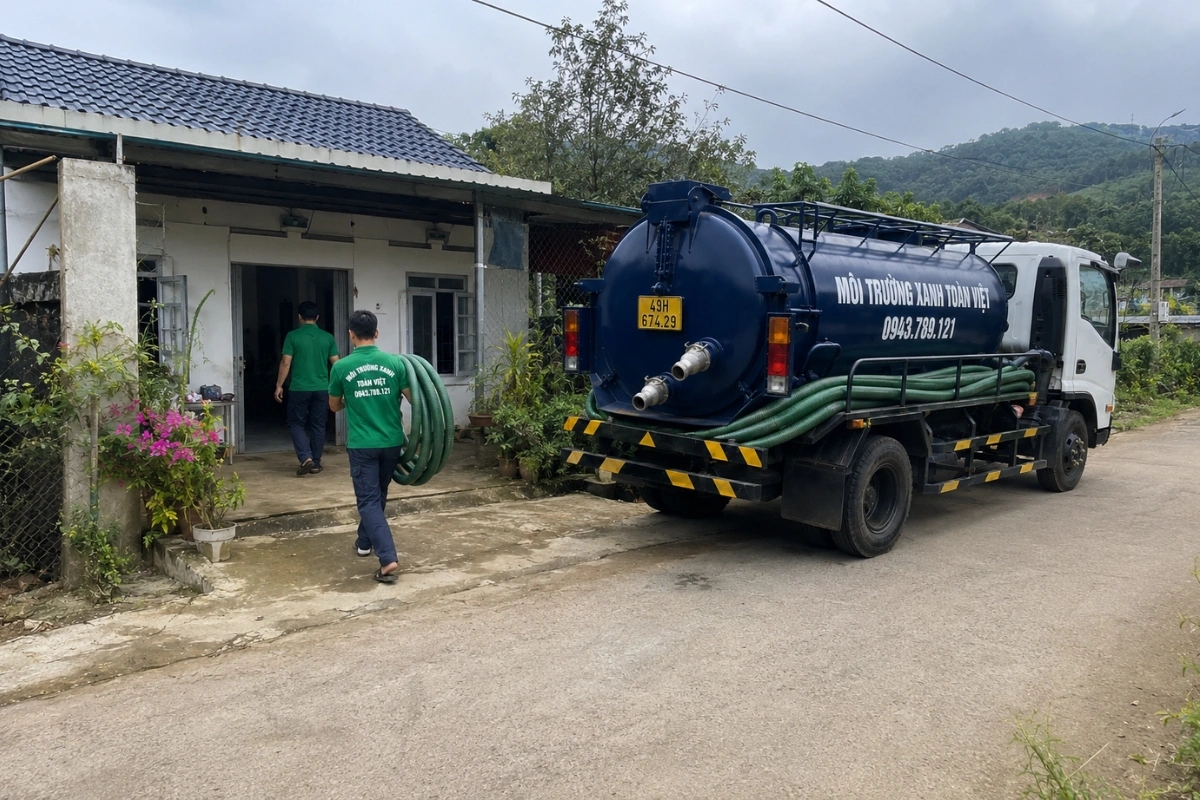 Xe hút hầm cầu trên đường dốc khu dân cư tại Lâm Đồng