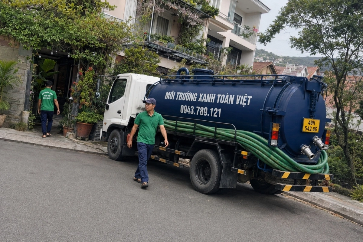 Hút Hầm Cầu Lạc Dương 24/7, Báo Giá Theo Khối Và Khối Rõ 10 Xe hút hầm cầu trên đường dốc khu dân cư tại Lâm Đồng