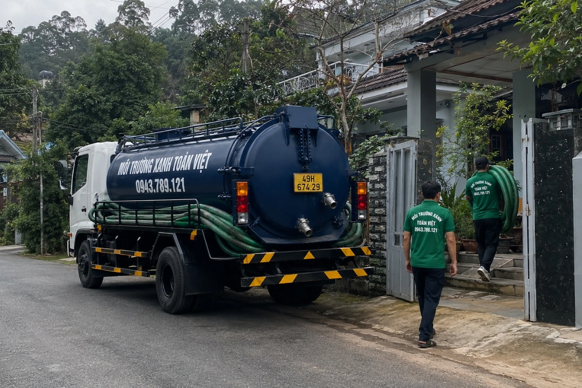 Xe hút hầm cầu trên đường dốc khu dân cư tại Lâm Đồng