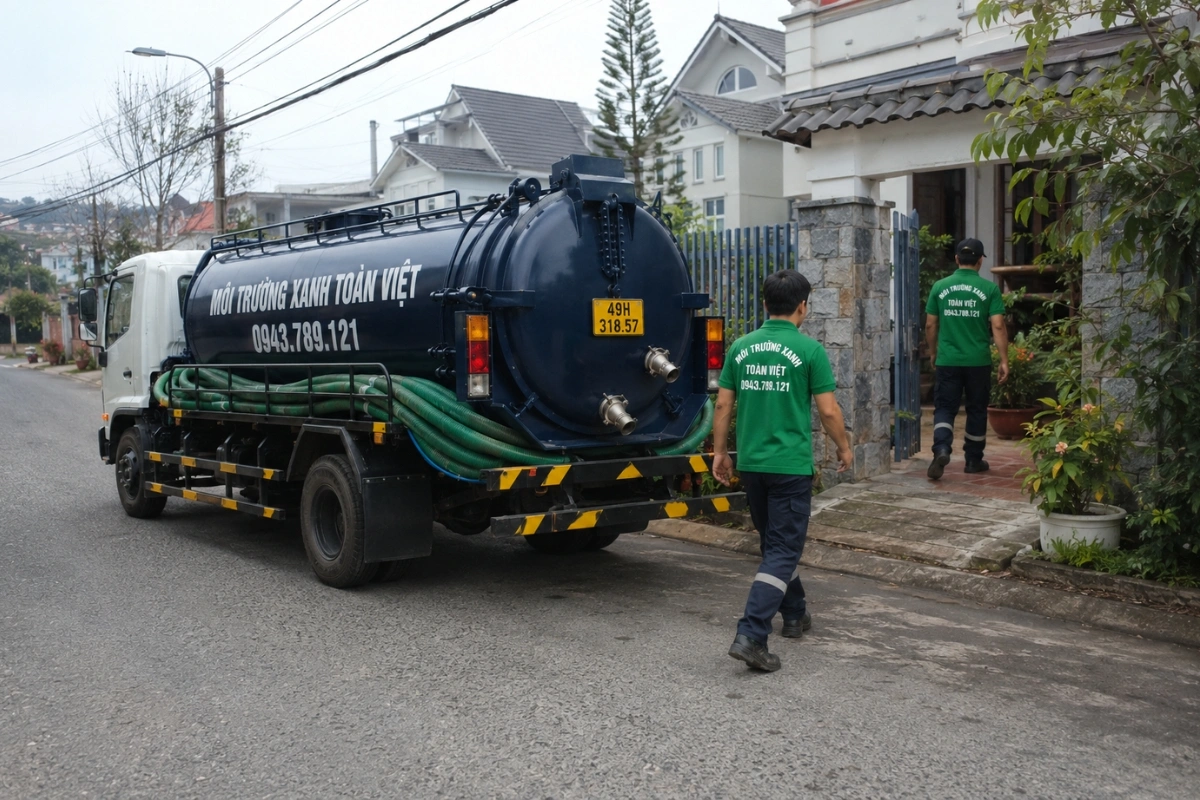 Xe hút hầm cầu trên đường dốc khu dân cư tại Lâm Đồng