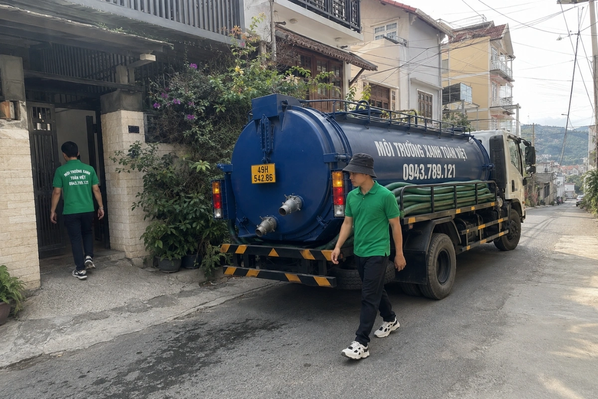 Xe hút hầm cầu đậu trước nhà dân tại Lâm Đồng