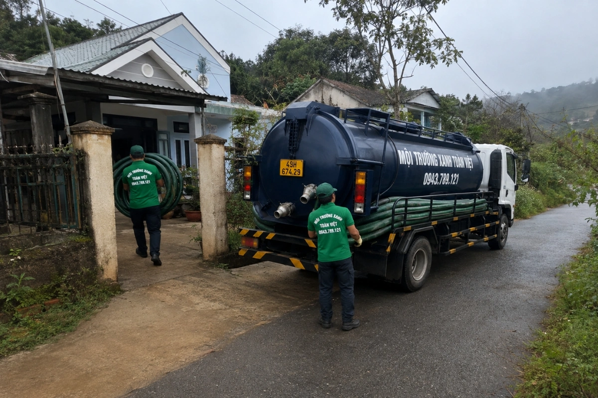 Xe hút hầm cầu trên đường dốc khu dân cư tại Lâm Đồng