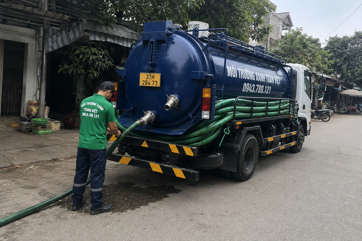 Xe hút hầm cầu trên đường vào khu dân cư tại Nghệ An