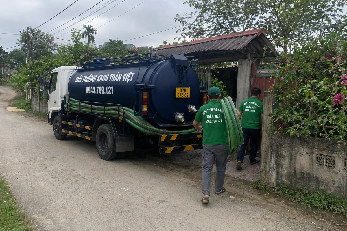 Nhân viên kéo ống từ xe hút hầm cầu vào nhà khách tại Nghệ An
