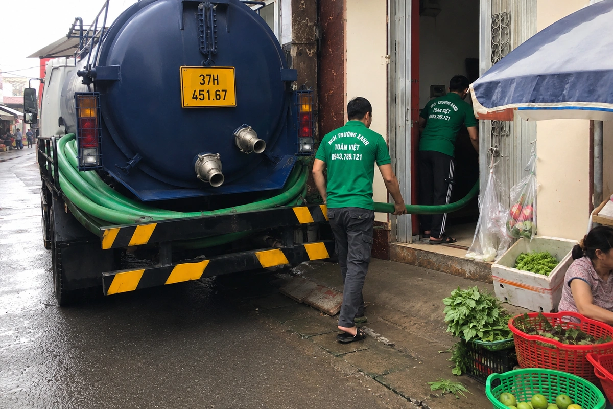 Xe hút hầm cầu đậu cạnh dãy hàng quán tại Nghệ An