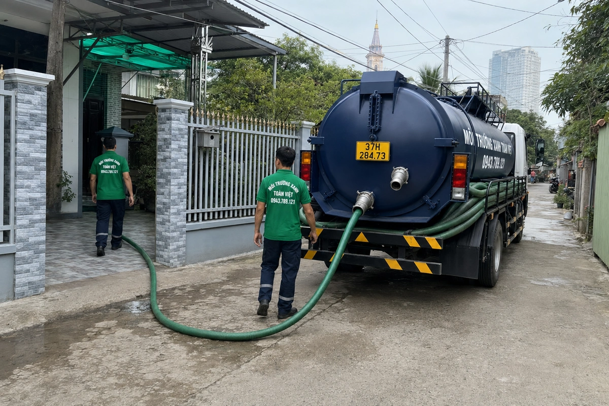 Nhân viên kéo ống từ xe hút hầm cầu vào nhà khách tại Nghệ An