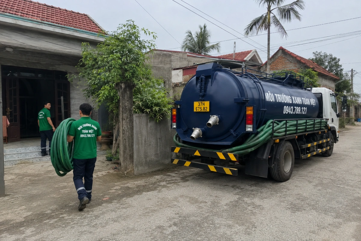 Hút Hầm Cầu Đô Lương 24/7, Tính m³ Rõ Ràng | 0943.789.121 15 Nhân viên vác cuộn ống hút từ xe vào nhà khách tại Nghệ An