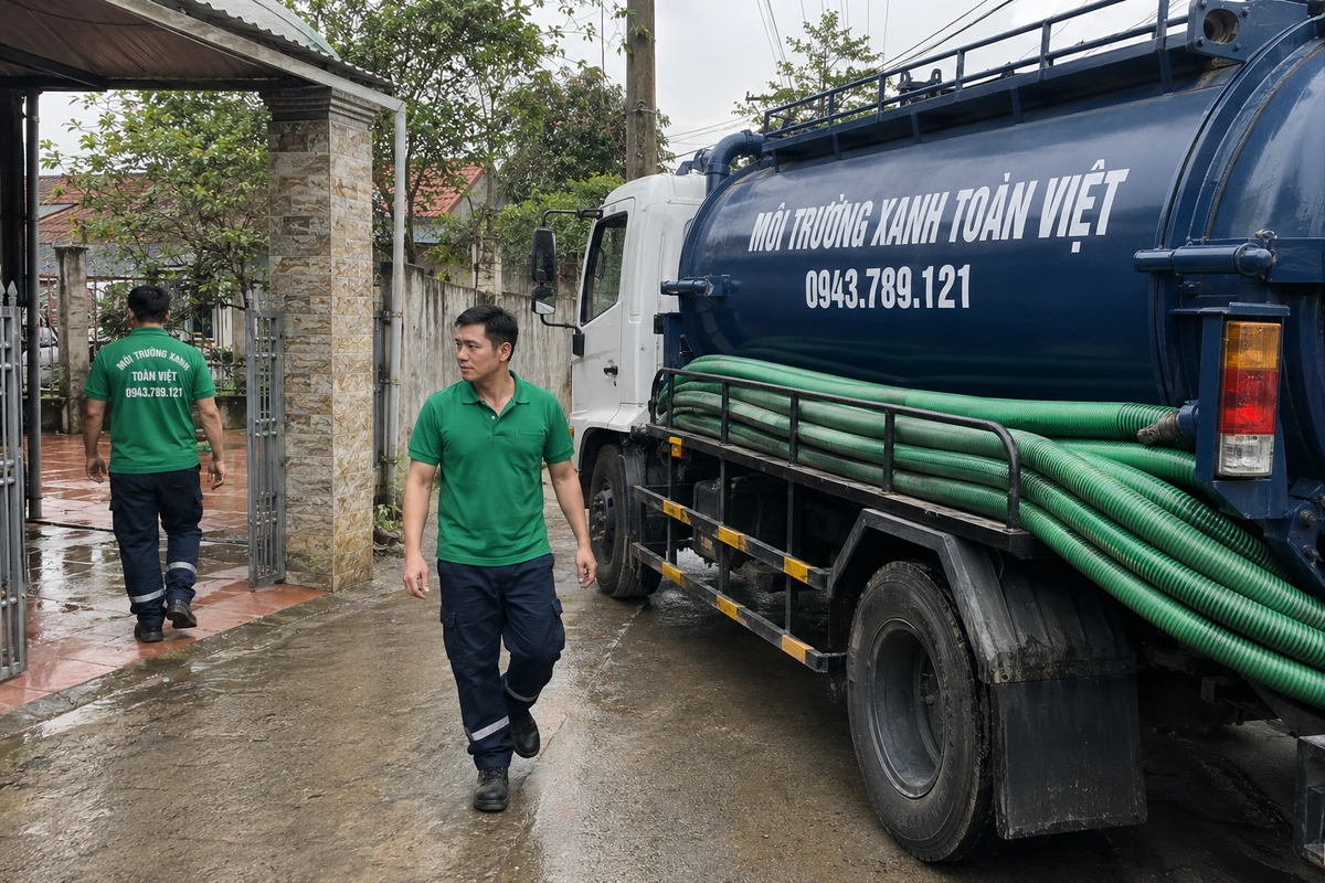 Hút Hầm Cầu TP Vinh 24/7, Tính m³ Minh Bạch | Gọi Ngay 11 Xe hút hầm cầu làm việc trên đường ướt sau mưa tại Nghệ An