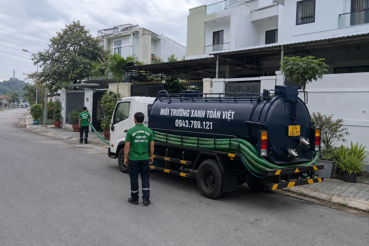 Hút Hầm Cầu TP Vinh 24/7, Tính m³ Minh Bạch | Gọi Ngay 16 Xe hút hầm cầu đậu trước nhà dân tại Nghệ An