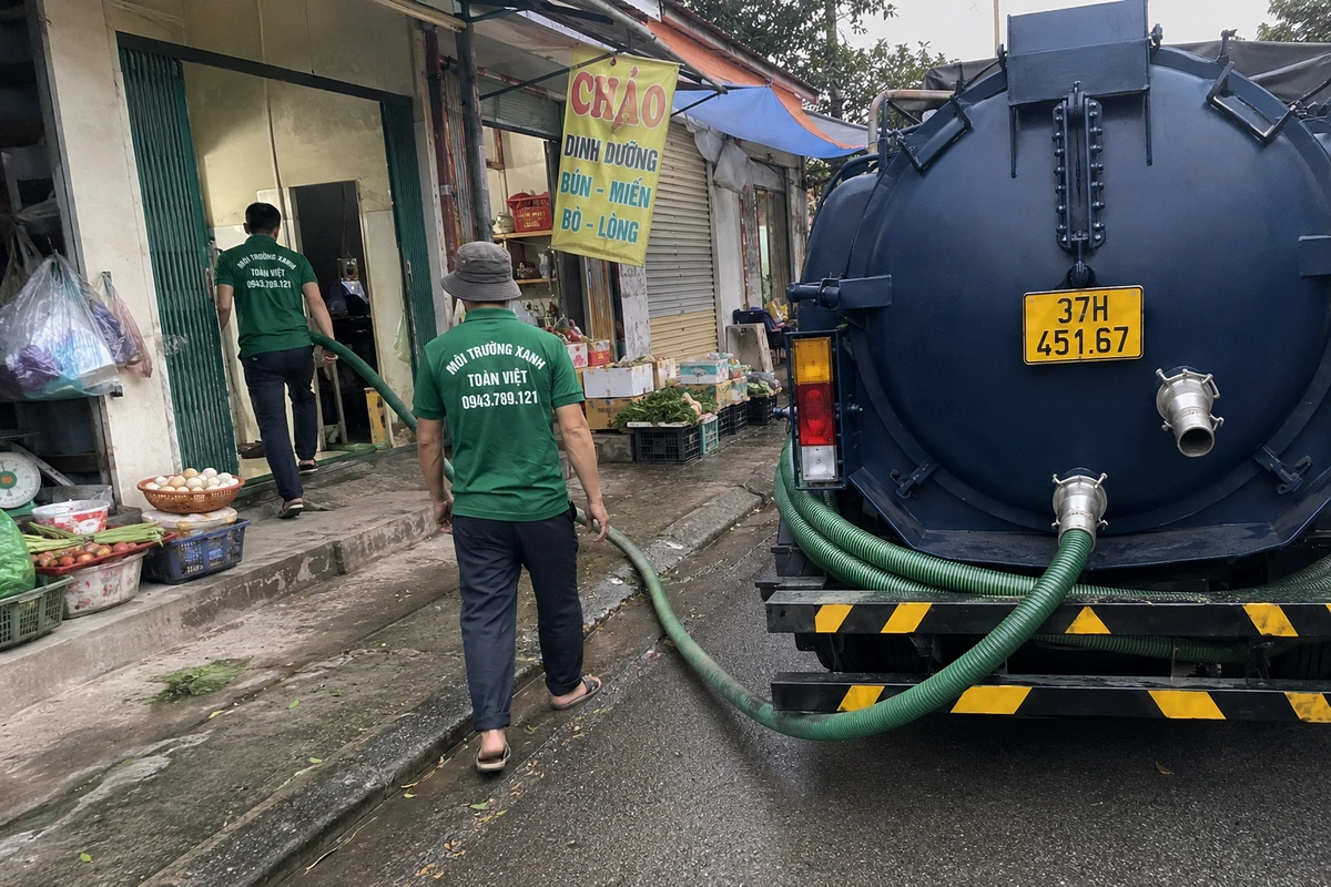 Hút Hầm Cầu Nam Đàn, Gần Vinh 30 Phút | 0943.789.121 11 Xe hút hầm cầu đậu cạnh dãy hàng quán tại Nghệ An