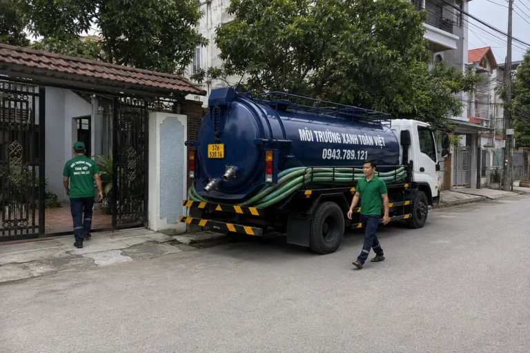 Xe hút hầm cầu trên đường vào khu dân cư tại Nghệ An