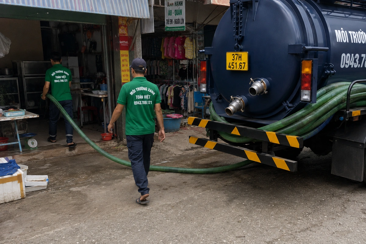 Hút Hầm Cầu Nghi Lộc, Sân Bay Vinh Gần Đó | 0943.789.121 15 Xe hút hầm cầu đậu cạnh dãy hàng quán tại Nghệ An