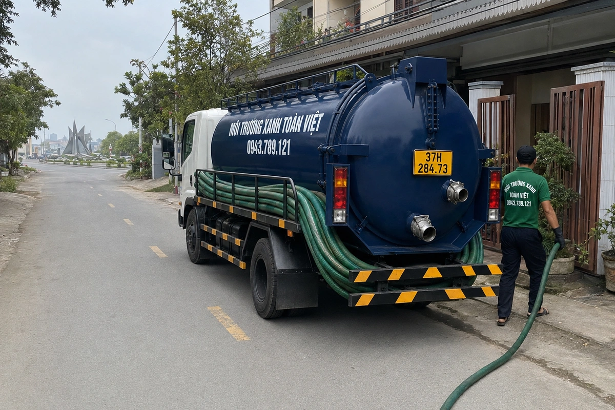 Hút Hầm Cầu Nghi Lộc, Sân Bay Vinh Gần Đó | 0943.789.121 16 Xe hút hầm cầu trên đường vào khu dân cư tại Nghệ An