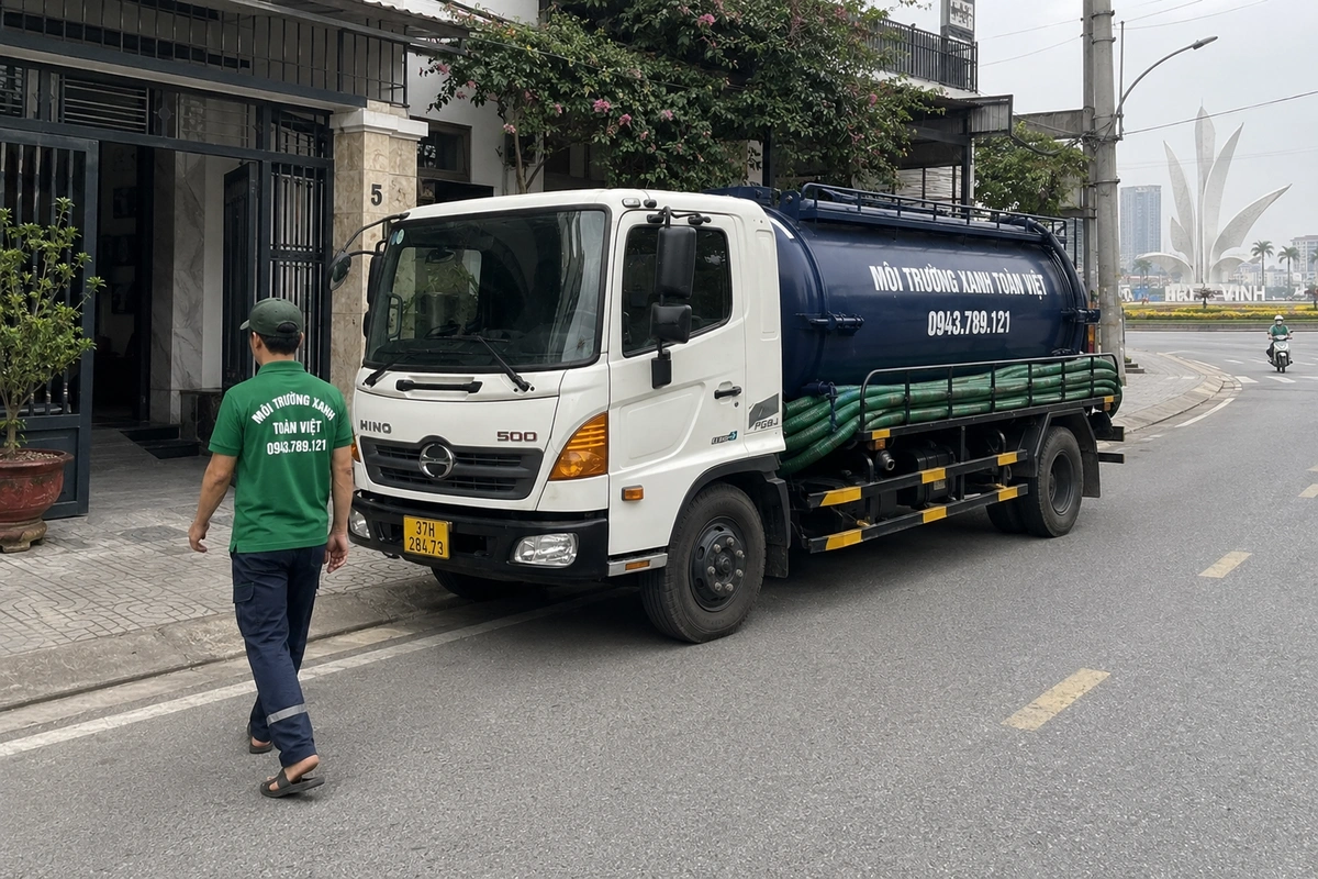 Xe hút hầm cầu trên đường vào khu dân cư tại Nghệ An