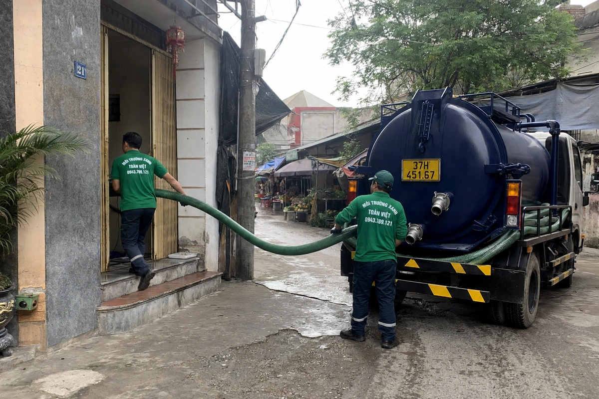 Xe hút hầm cầu đậu cạnh dãy hàng quán tại Nghệ An