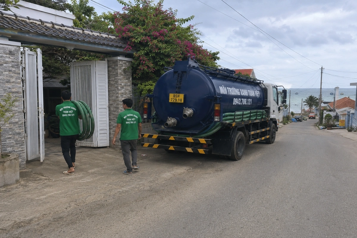 Hút Hầm Cầu Ninh Thuận: Khảo Sát Đường Vào Trước Báo Giá 15 Xe hút hầm cầu đậu trước nhà dân tại Ninh Thuận