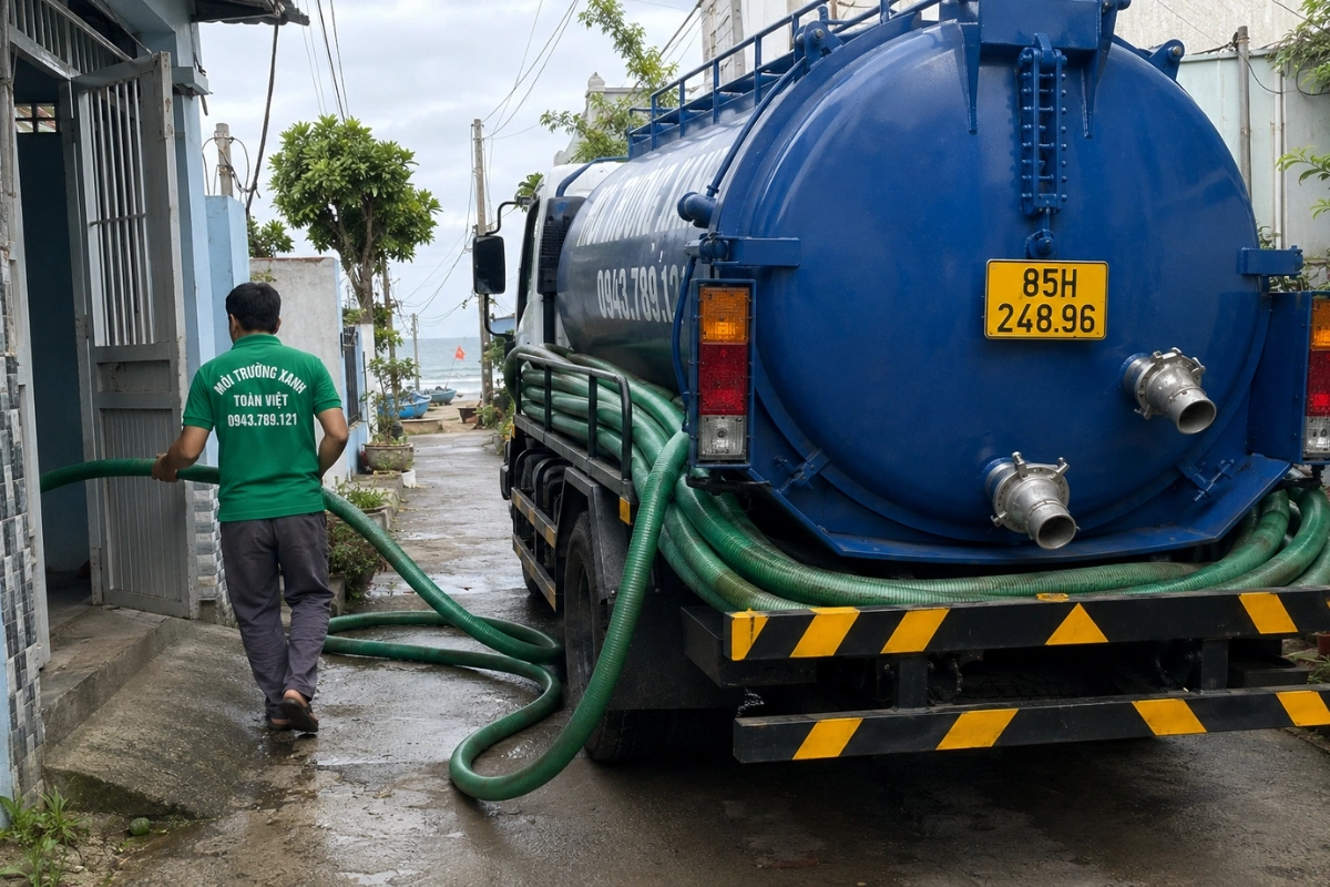 Nhân viên kéo ống từ xe hút hầm cầu vào nhà khách tại Ninh Thuận