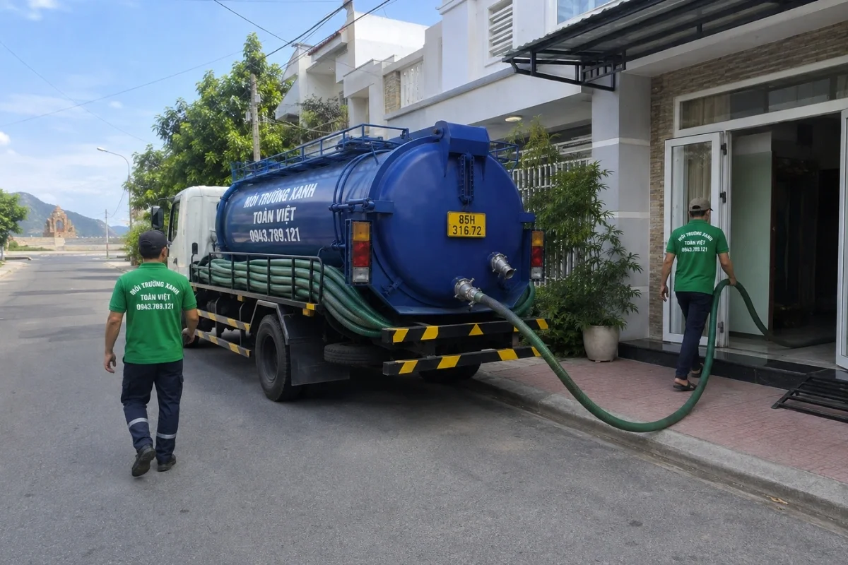 Hút hầm cầu Ninh Hải giá rẻ uy tín | Toàn Việt 12 Xe hút hầm cầu trên đường vào khu dân cư tại Ninh Thuận