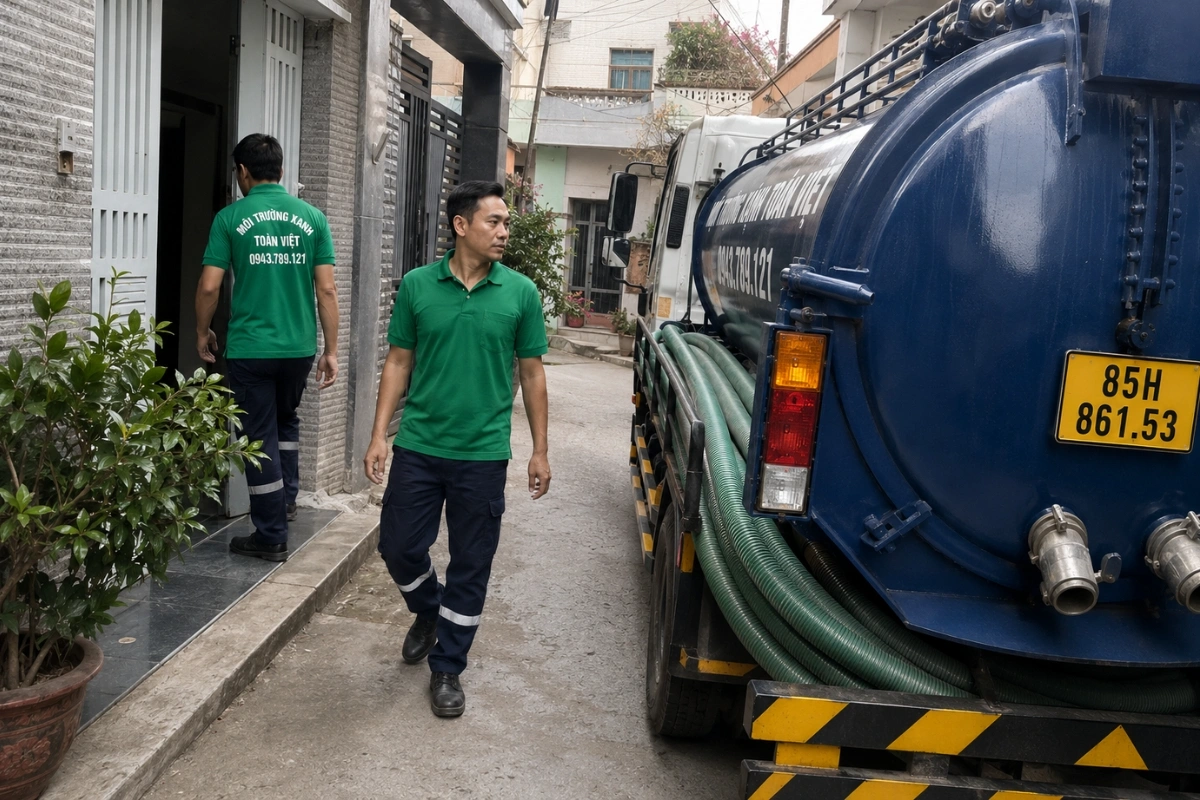 Xe hút hầm cầu vào tận đường nhỏ khu dân cư tại Ninh Thuận