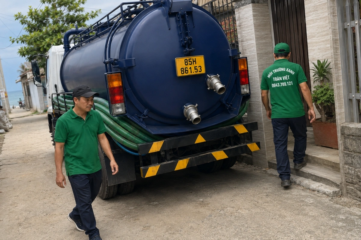 Xe hút hầm cầu đậu trên đường ven biển tại Ninh Thuận