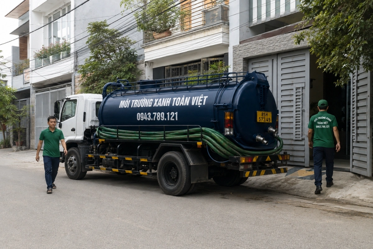Hút Hầm Cầu Phan Rang: Xe To Vào Hẻm Nhỏ Xử Lý Sao? 4 Cách 9 Xe hút hầm cầu đậu trước nhà dân tại Ninh Thuận