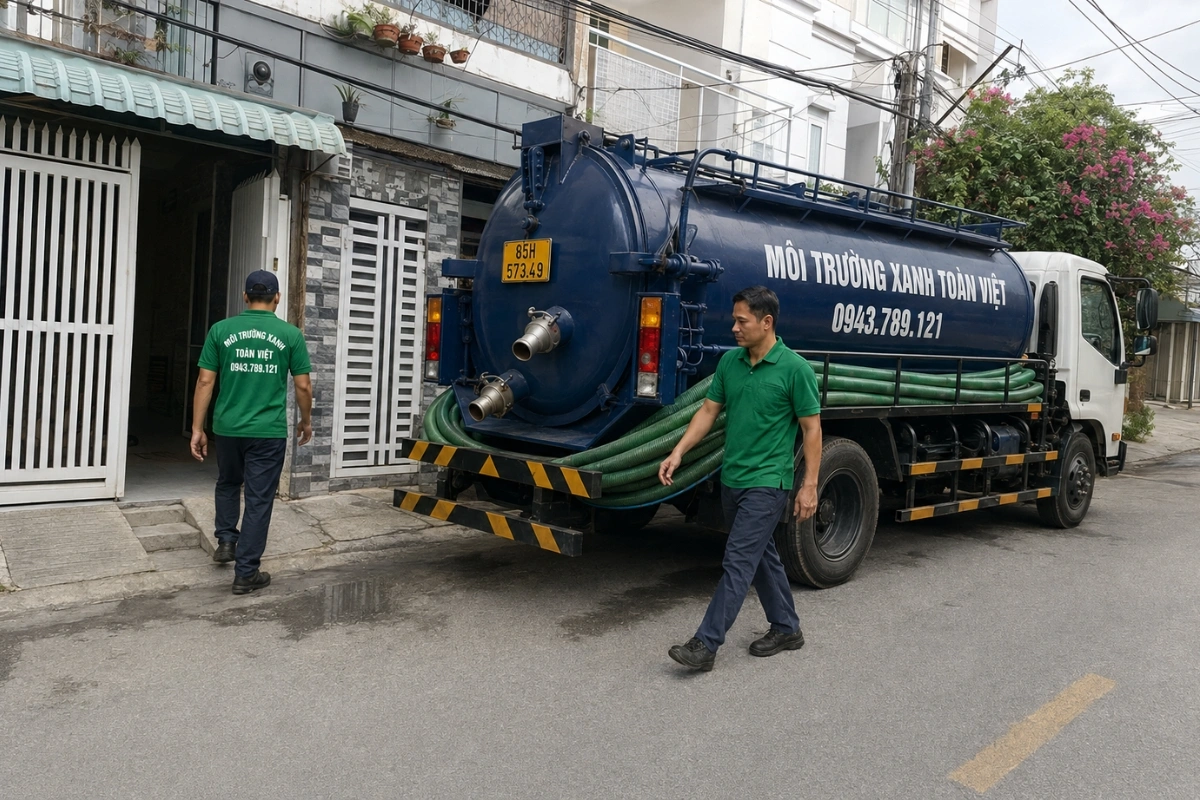 Xe hút hầm cầu trên đường vào khu dân cư tại Ninh Thuận