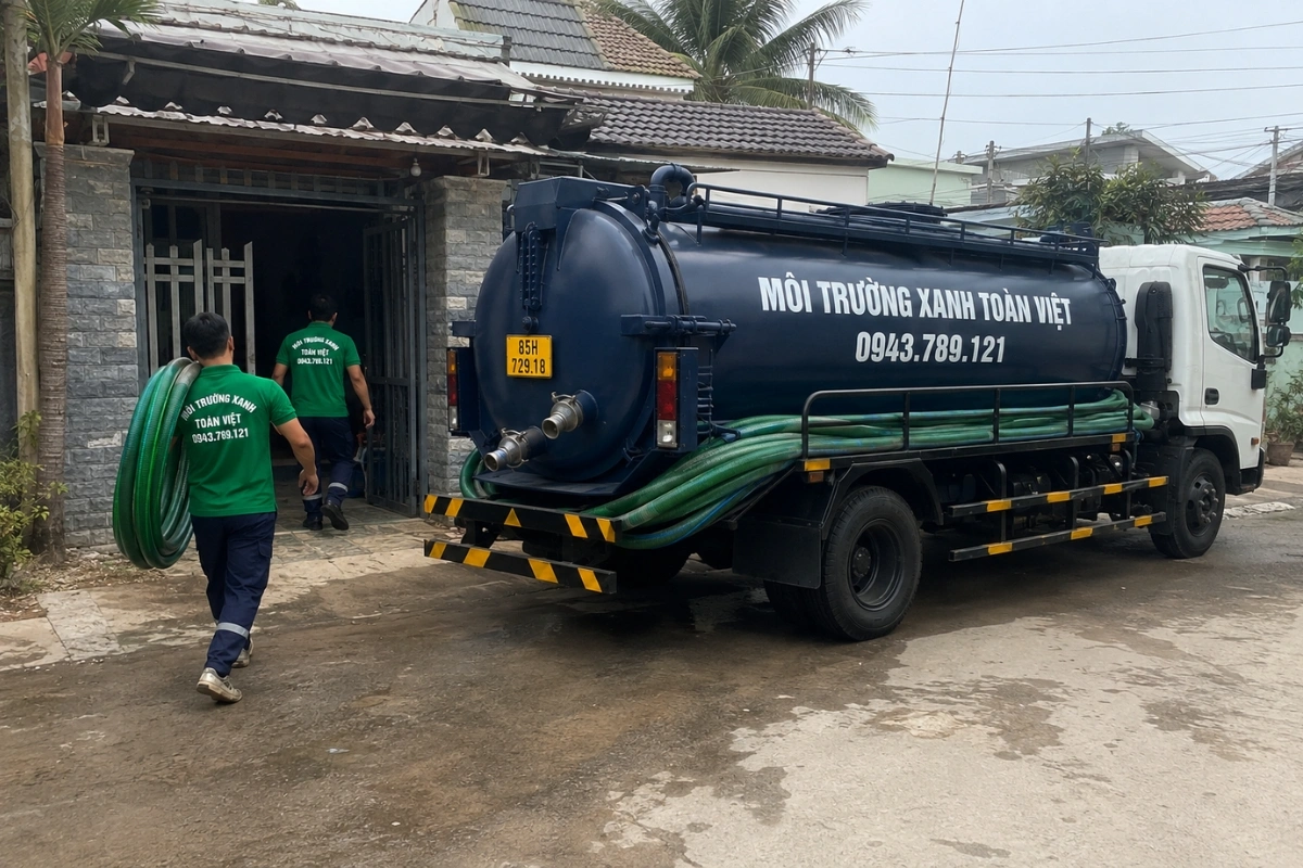 Xe hút hầm cầu trên đường vào khu dân cư tại Ninh Thuận