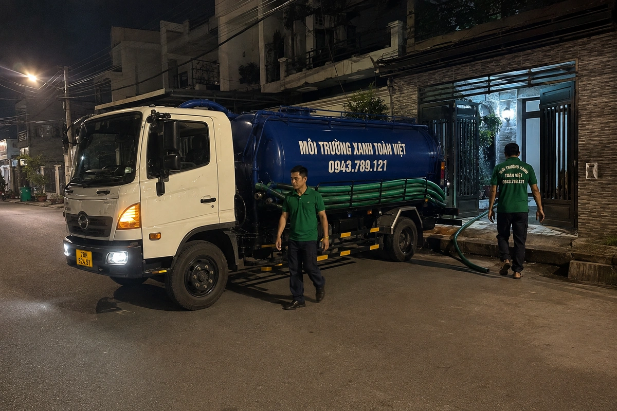 Hút Hầm Cầu Phú Hòa Phú Yên: 5 Dấu Hiệu Cần Hút Ngay 14 Xe hút hầm cầu trên đường vào khu dân cư tại Phú Yên