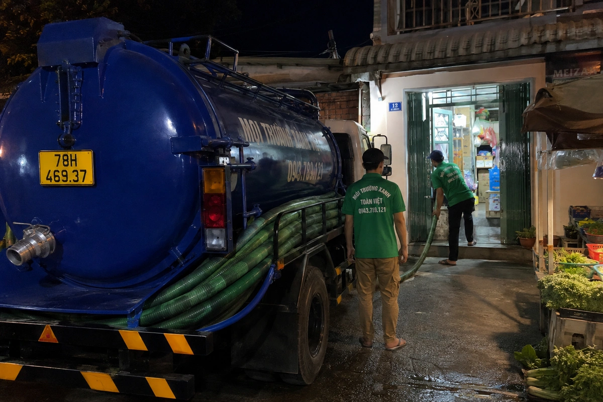 Hút Hầm Cầu Tây Hòa 24/7 | Xử Lý Theo Hiện Trạng 10 Xe hút hầm cầu đậu cạnh dãy hàng quán tại Phú Yên