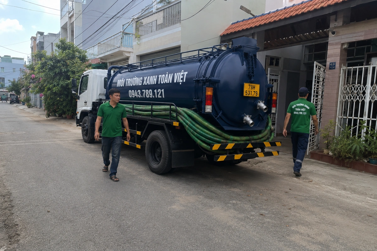 Xe hút hầm cầu trên đường vào khu dân cư tại Phú Yên