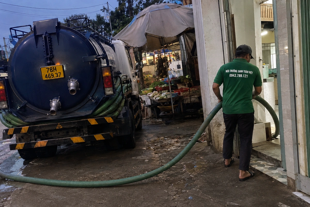 Hút Hầm Cầu Tuy Hòa: Cửa Sông Đà Rằng, 4 Lưu Ý Mùa Lũ 11 Xe hút hầm cầu đậu cạnh dãy hàng quán tại Phú Yên