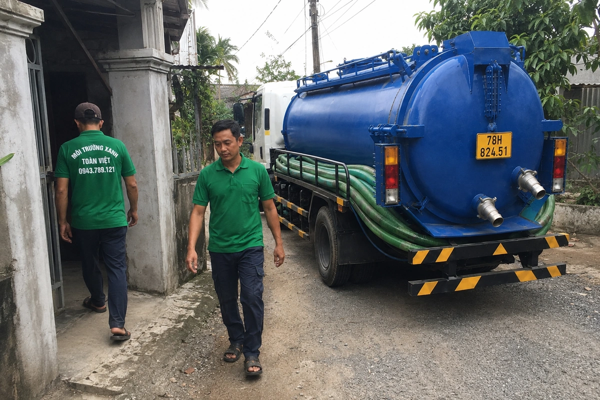 Xe hút hầm cầu vào tận đường nhỏ khu dân cư tại Phú Yên