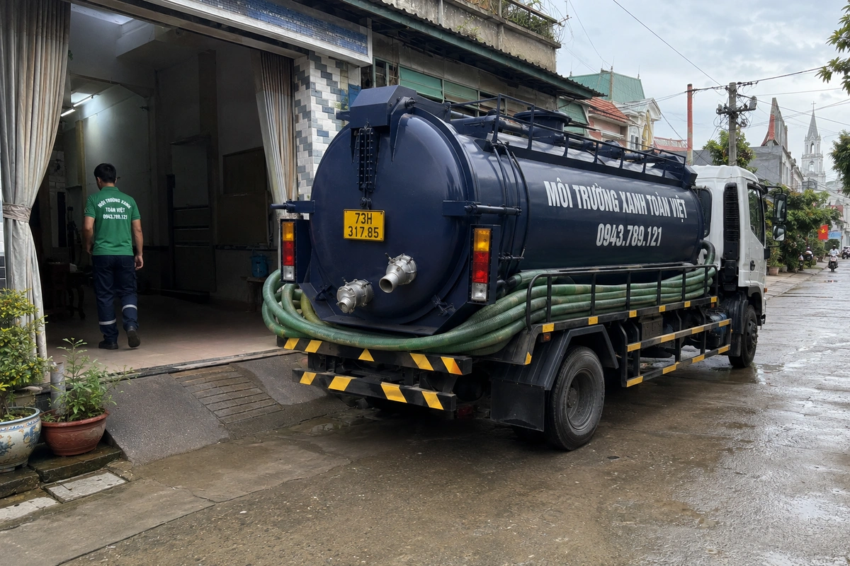 Xe hút hầm cầu đậu trước nhà dân tại Quảng Bình