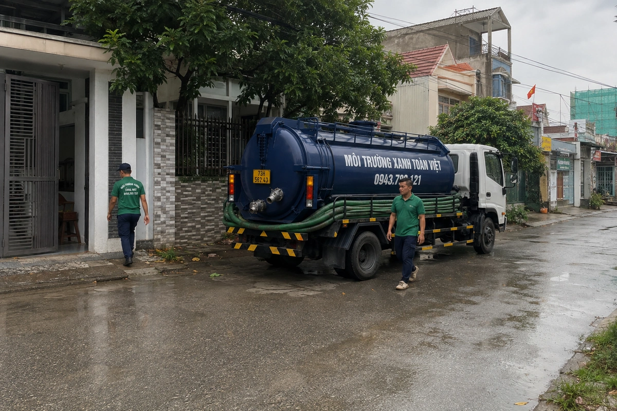 Xe hút hầm cầu làm việc trên đường ướt sau mưa tại Quảng Bình