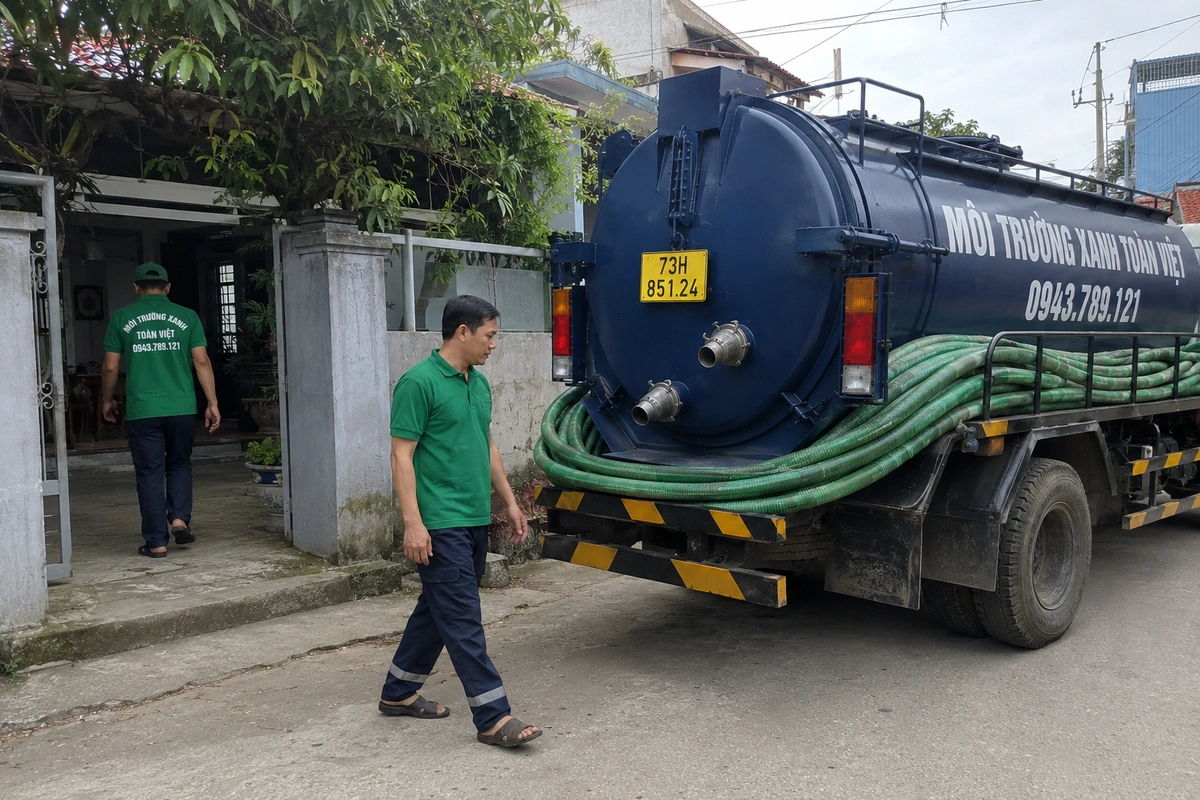 Xe hút hầm cầu vào tận đường nhỏ khu dân cư tại Quảng Bình