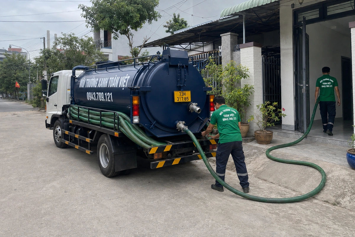 Hút Hầm Cầu Đồng Hới 24/7, theo m³ | Xanh Toàn Việt 15 Xe hút hầm cầu trên đường vào khu dân cư tại Quảng Bình