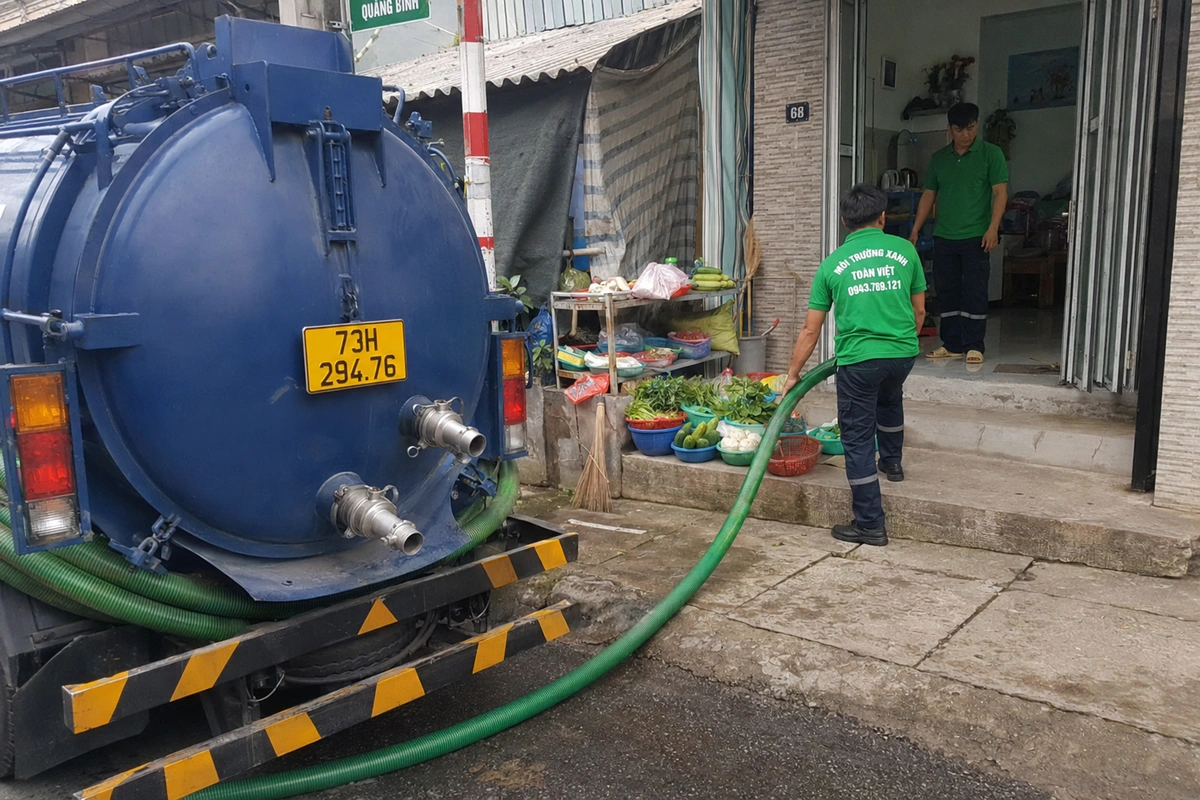 Hút Hầm Cầu Đồng Hới 24/7, theo m³ | Xanh Toàn Việt 11 Xe hút hầm cầu đậu cạnh dãy hàng quán tại Quảng Bình