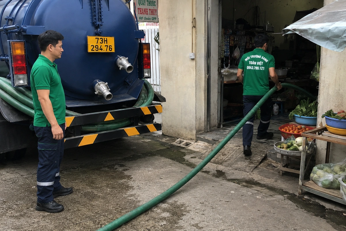 Xe hút hầm cầu đậu cạnh dãy hàng quán tại Quảng Bình