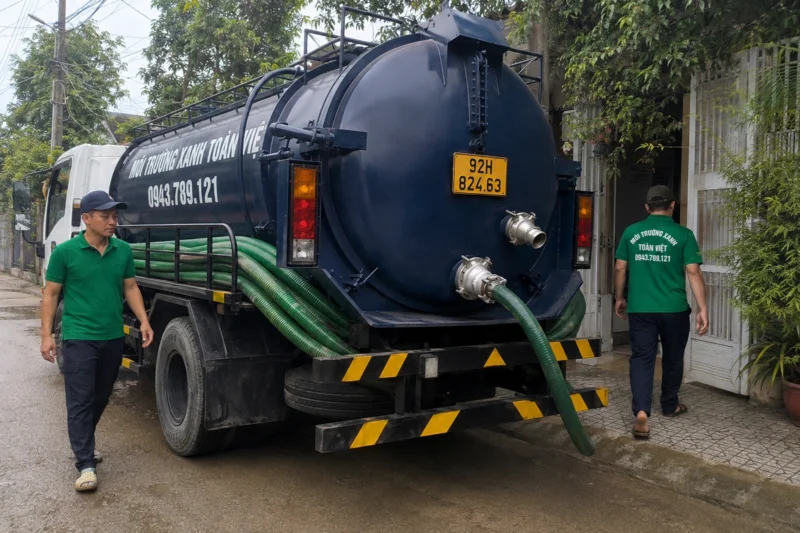 Hút hầm cầu Tam Kỳ giá rẻ uy tín | Toàn Việt 24 Xe bồn, cuộn ống và nhân viên trên đường ban ngày