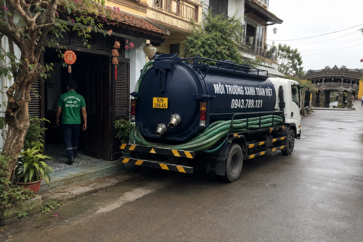 Xe hút hầm cầu trên đường vào khu dân cư tại Quảng Nam