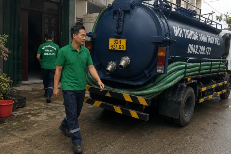 Hút hầm cầu Quảng Nam giá rẻ uy tín | Toàn Việt 39 Nhân viên đứng cạnh bồn và cuộn ống hút