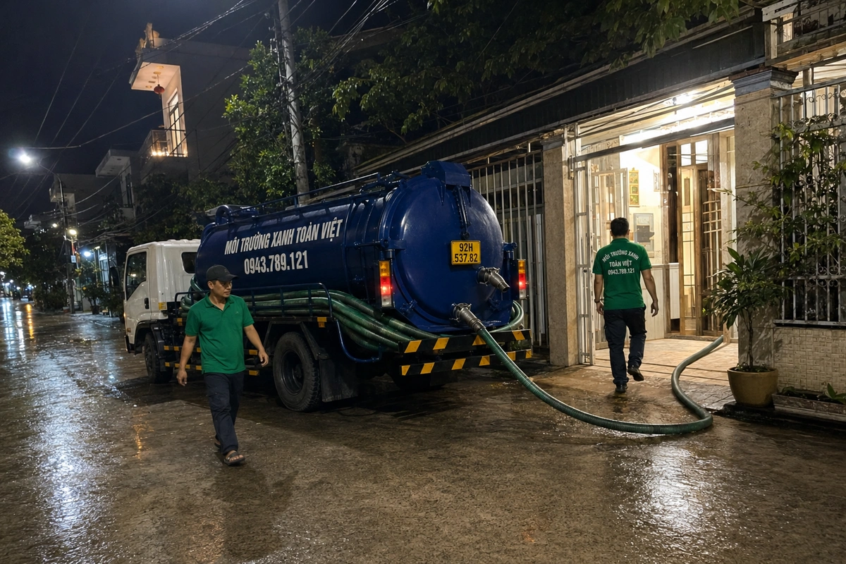 Xe hút hầm cầu vào tận đường nhỏ khu dân cư tại Quảng Nam