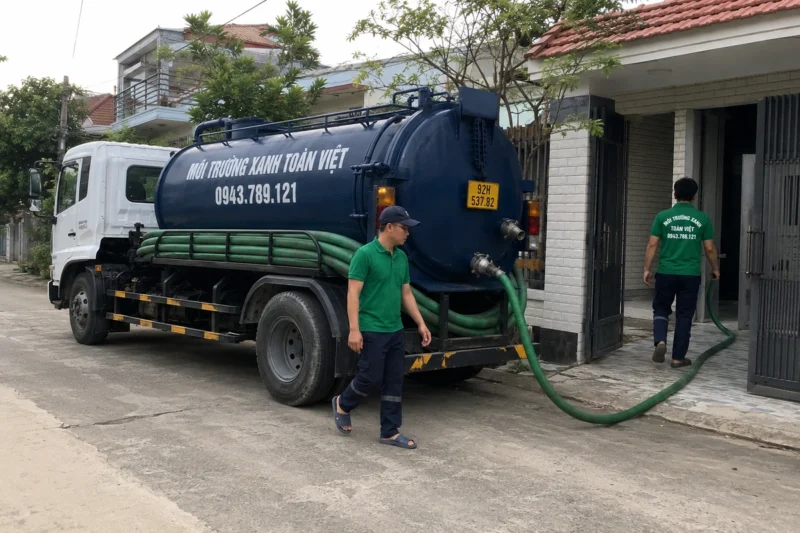 Hút hầm cầu Quảng Nam giá rẻ uy tín | Toàn Việt 36 Nhân viên giữ ống bên xe bồn