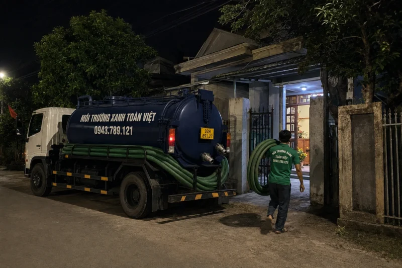 Hút hầm cầu Quảng Nam giá rẻ uy tín | Toàn Việt 48 Xe bồn tại vị trí đỗ có đèn chiếu sáng