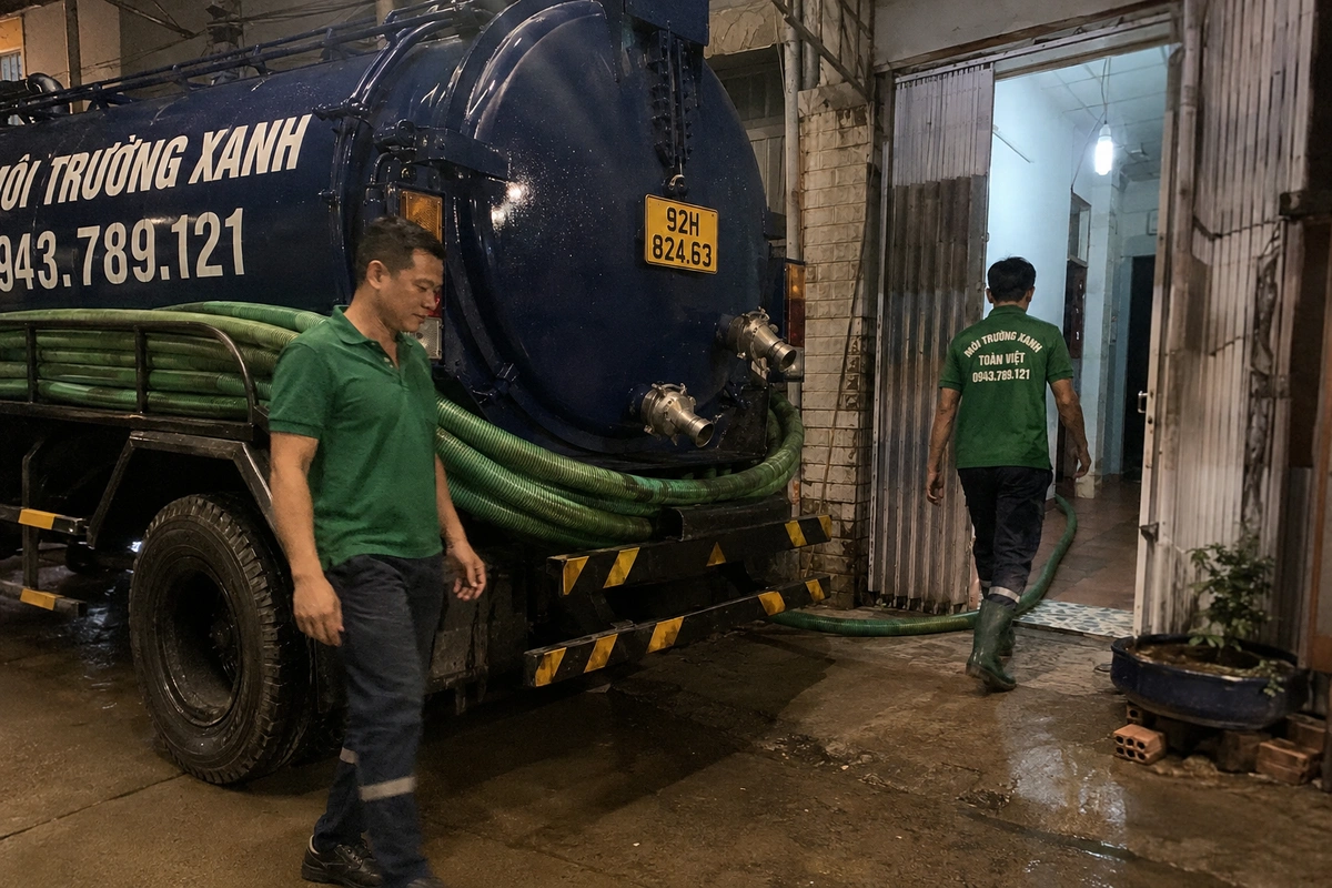 Xe hút hầm cầu vào tận đường nhỏ khu dân cư tại Quảng Nam