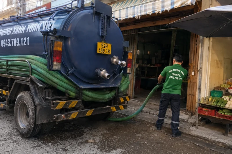 Hút hầm cầu Quảng Nam giá rẻ uy tín | Toàn Việt 38 Nhân viên cạnh ống kéo từ đuôi xe vào cổng