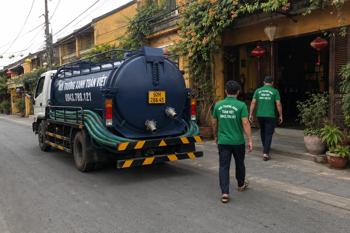 Xe hút hầm cầu trên đường vào khu dân cư tại Quảng Nam