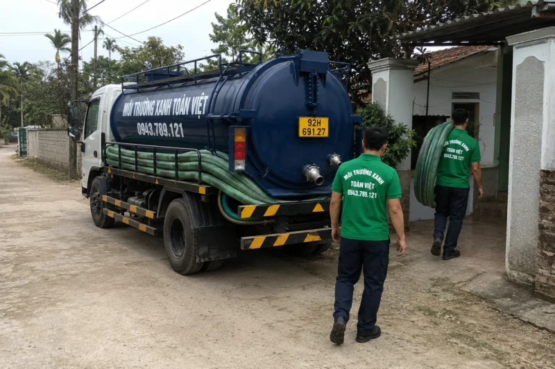 Hút hầm cầu Quảng Nam giá rẻ uy tín | Toàn Việt 33 Xe bồn và nhân viên cạnh lối vào nhà