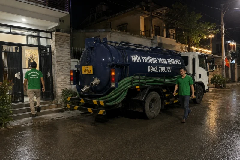 Hút hầm cầu Quảng Nam giá rẻ uy tín | Toàn Việt 37 Xe bồn tại điểm làm việc vào buổi tối